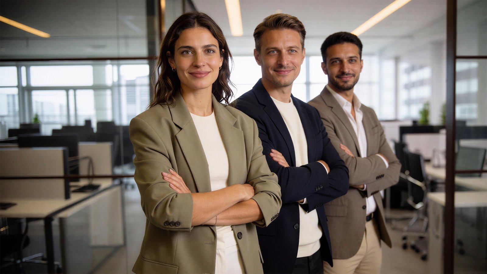 Three marketing professionals standing together in a modern office