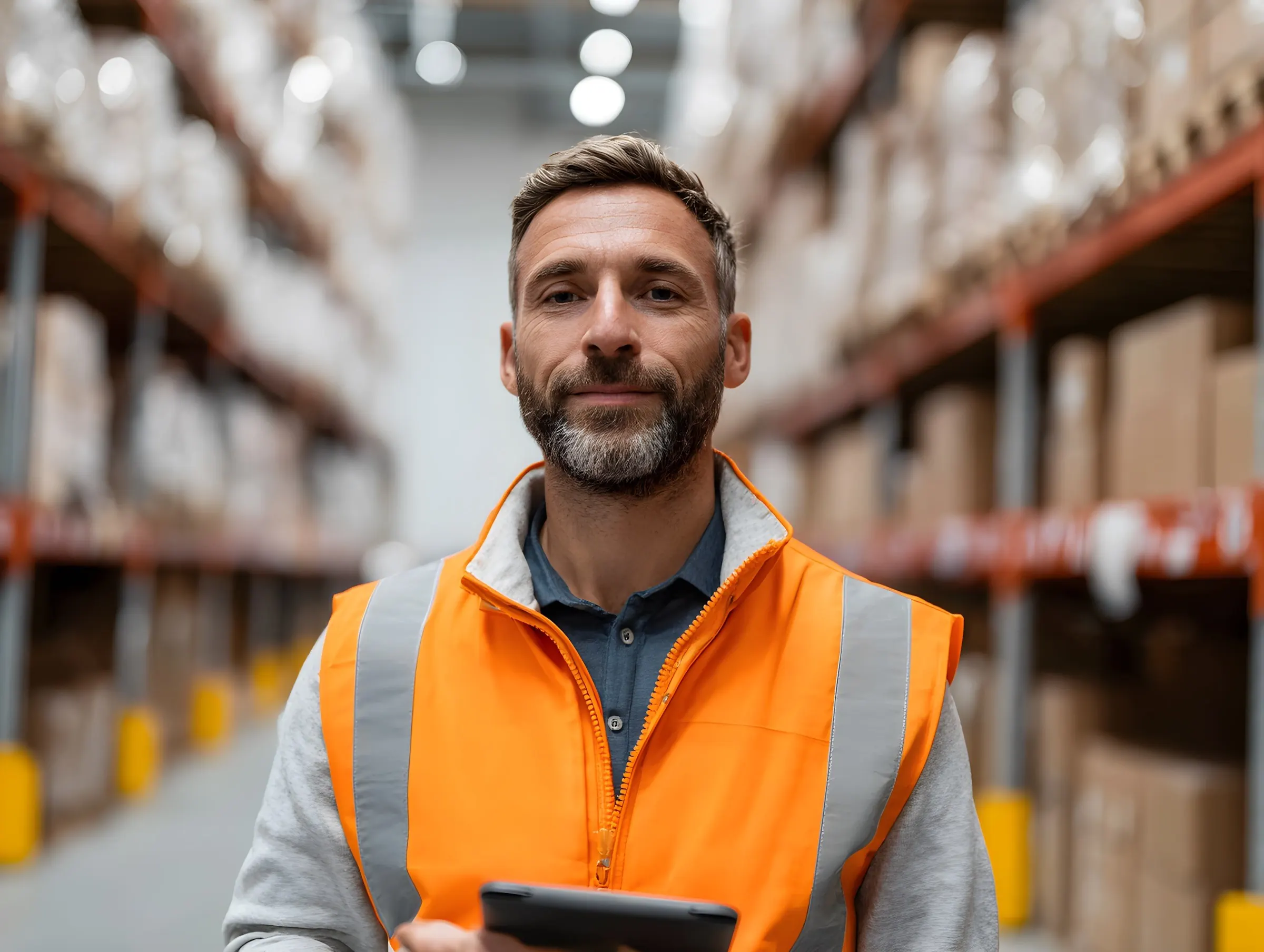 Smiling warehouse manager, a local business that customers find through SEO