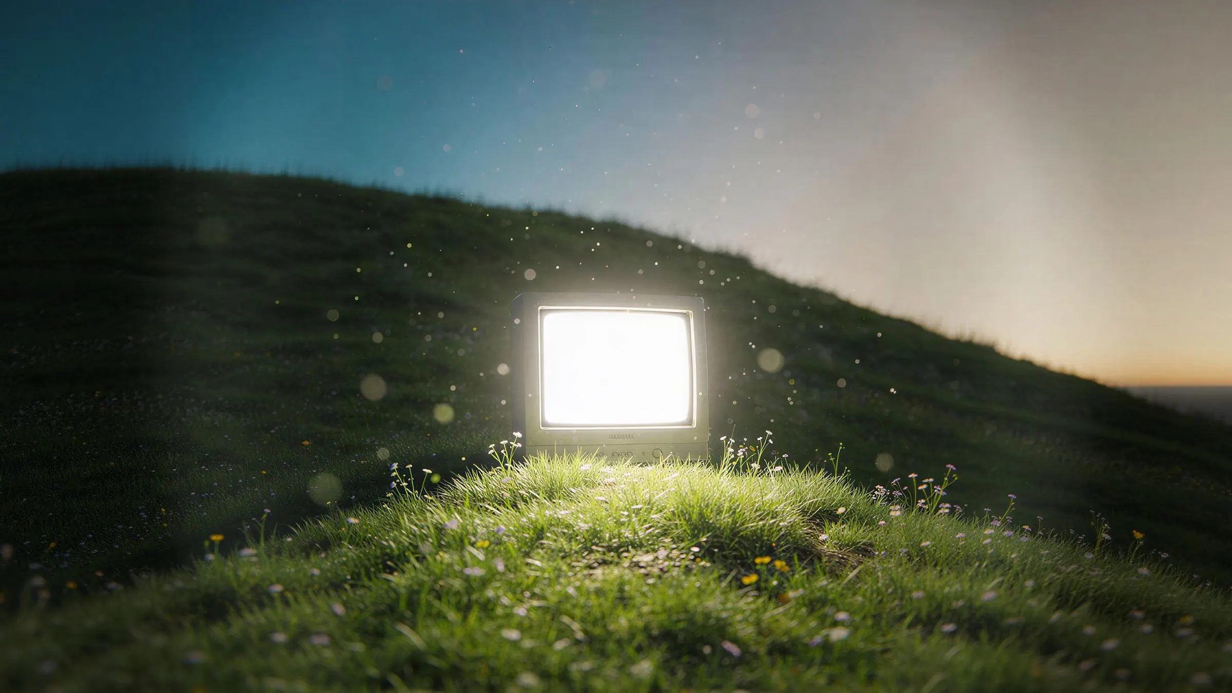 Glowing screen on a hillside at dusk