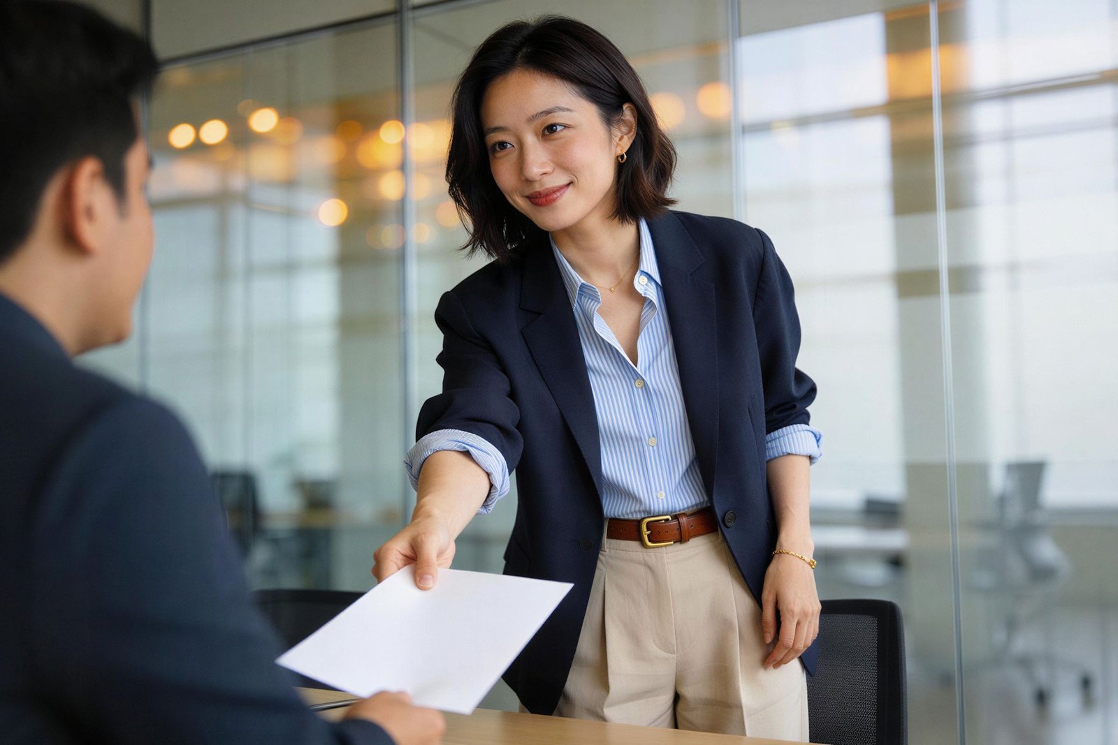 Team member handing over a project brief in a modern office